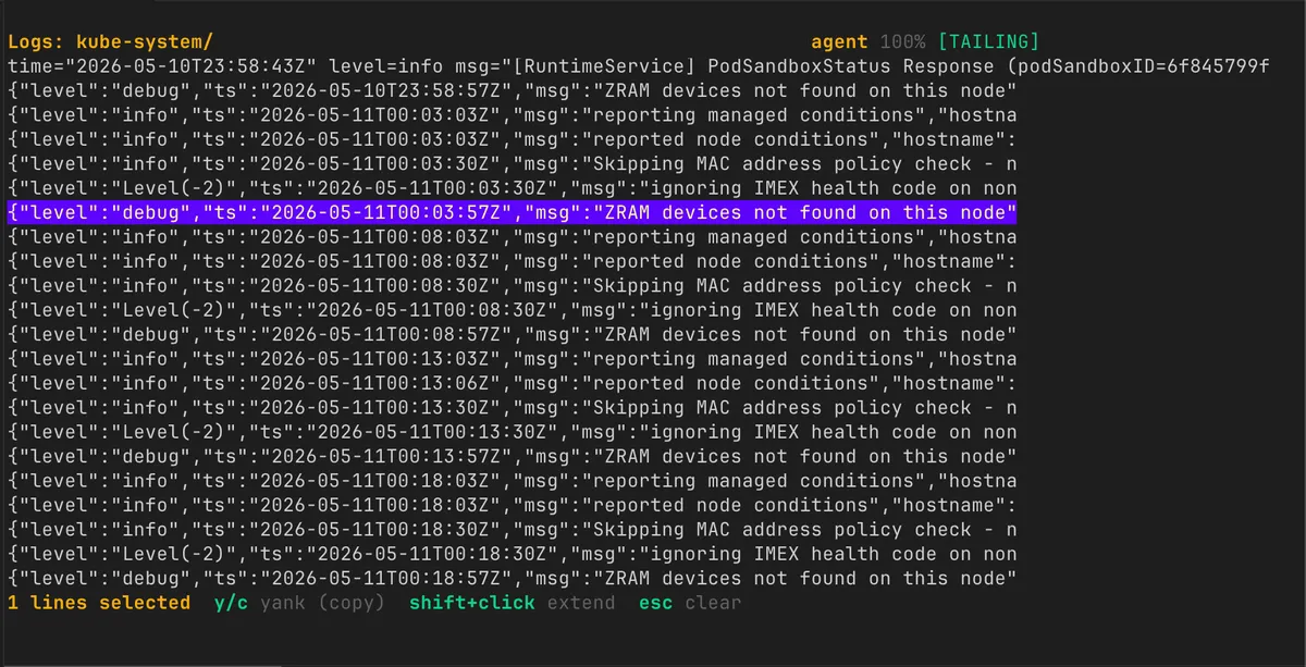 k10s 的日志视图截图,左侧是大量 JSON 格式的日志行(包含 controllers 的 reconciler 输出),底部是状态栏显示 wrap、time、line numbers 等控制项