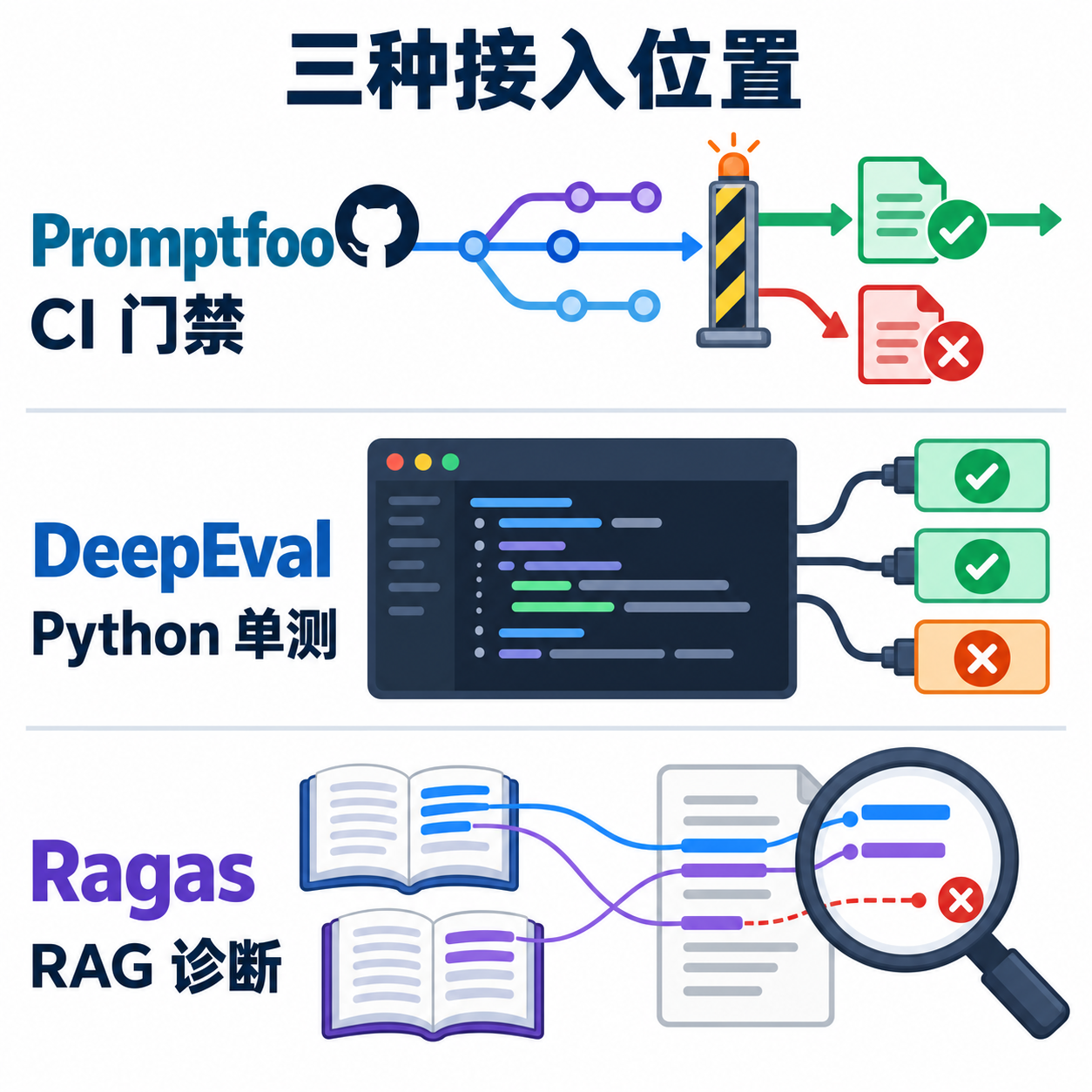 三种典型接入位置:CI 门禁、Python 单测与 RAG 诊断